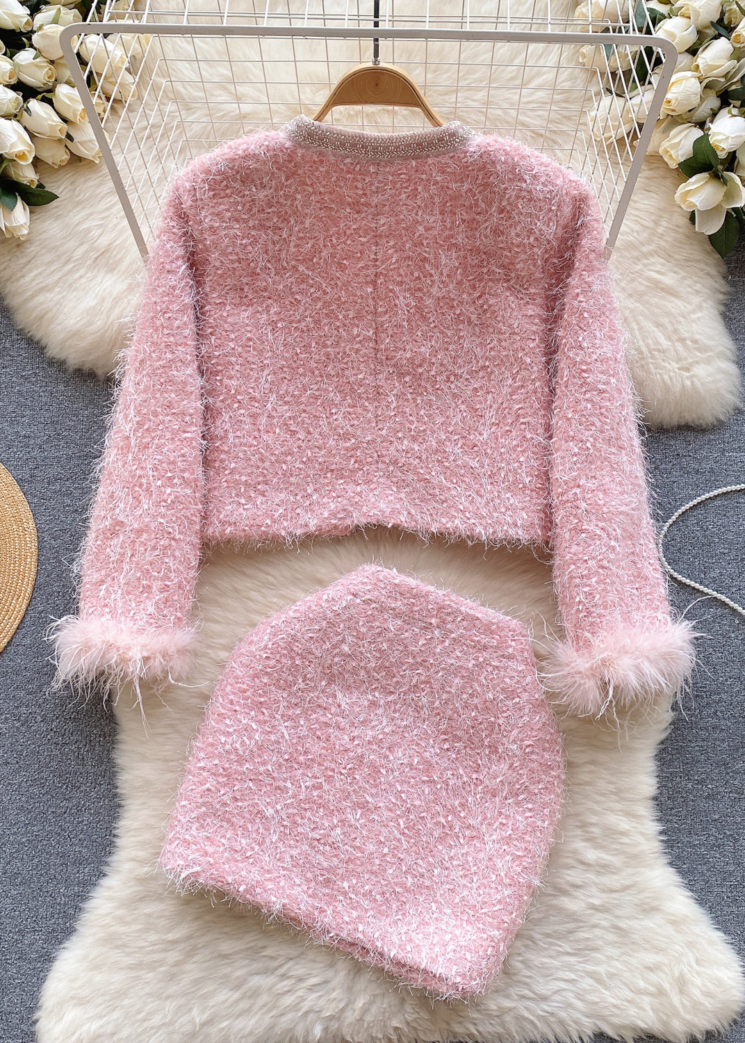 Handmade Pink O Neck Patchwork Coat And Skirts Two Piece Suit Set Winter