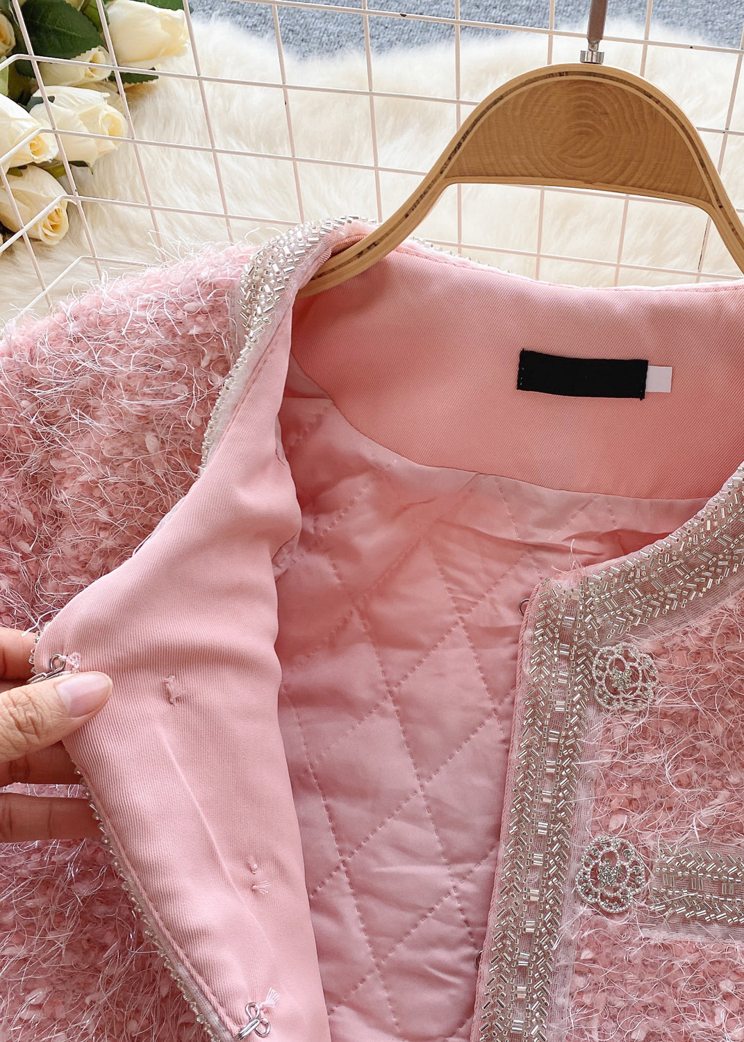 Handmade Pink O Neck Patchwork Coat And Skirts Two Piece Suit Set Winter