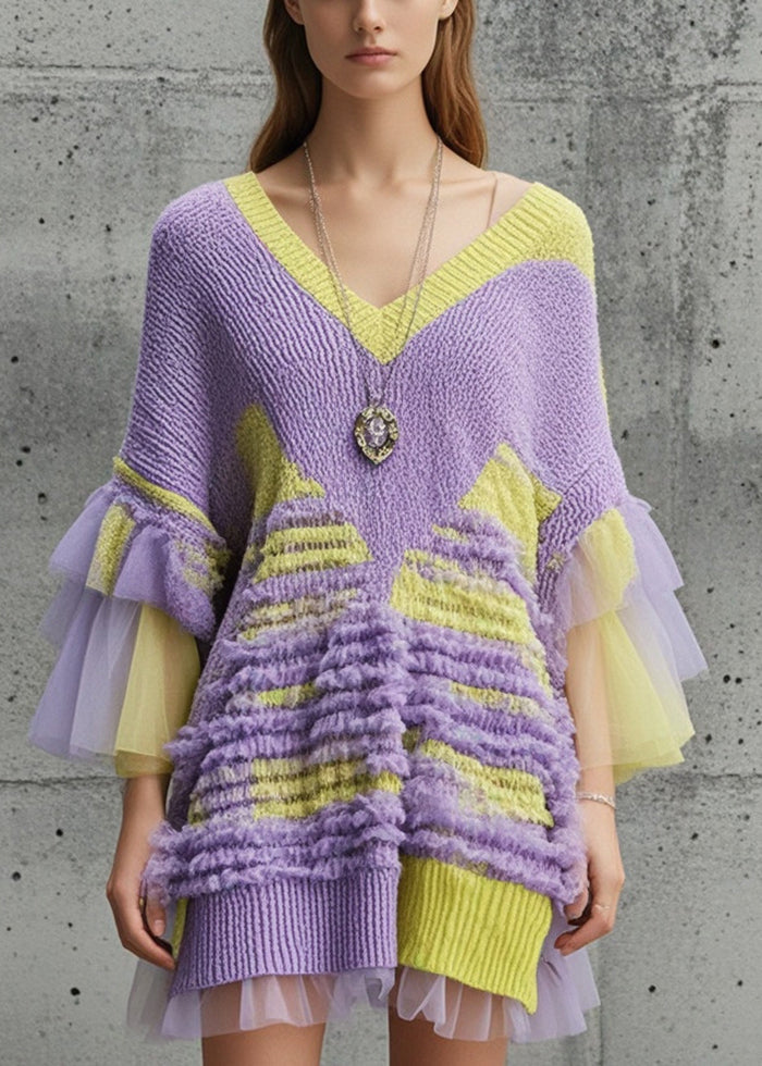 Handmade Purple V Neck Patchwork Knit Dress Flare Sleeve