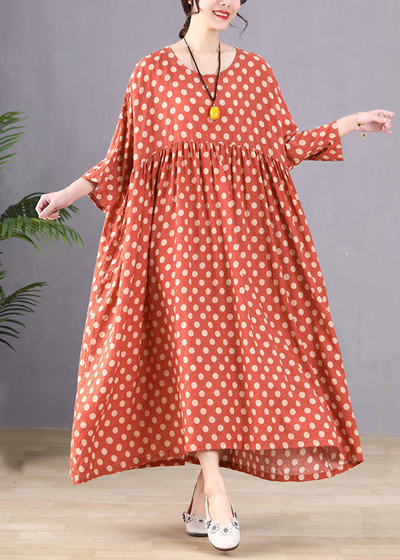 Handmade Red Dot Print Wrinkled Long Dresses Long Sleeve