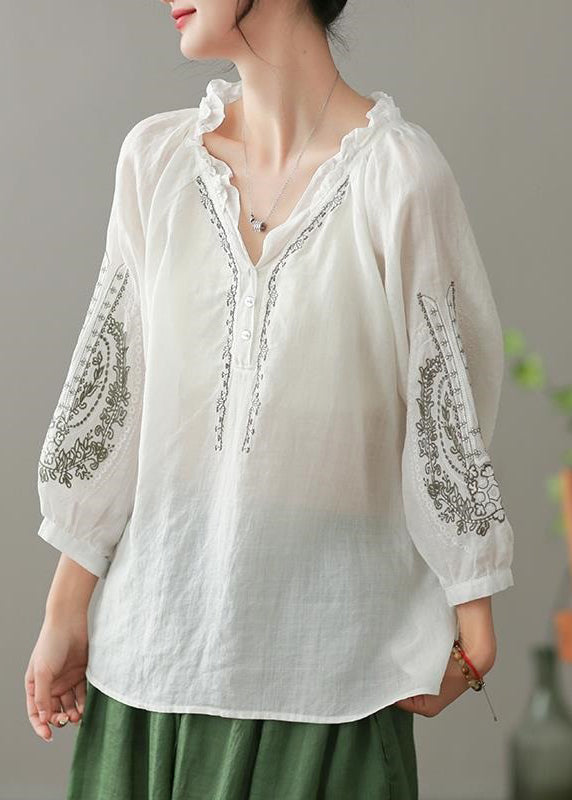 Handmade Red Ruffled Embroidered Linen Shirt Spring