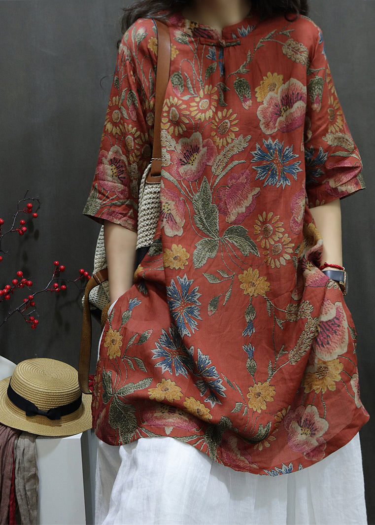 Handmade Red Stand Collar Print Long Linen Tops Short Sleeve