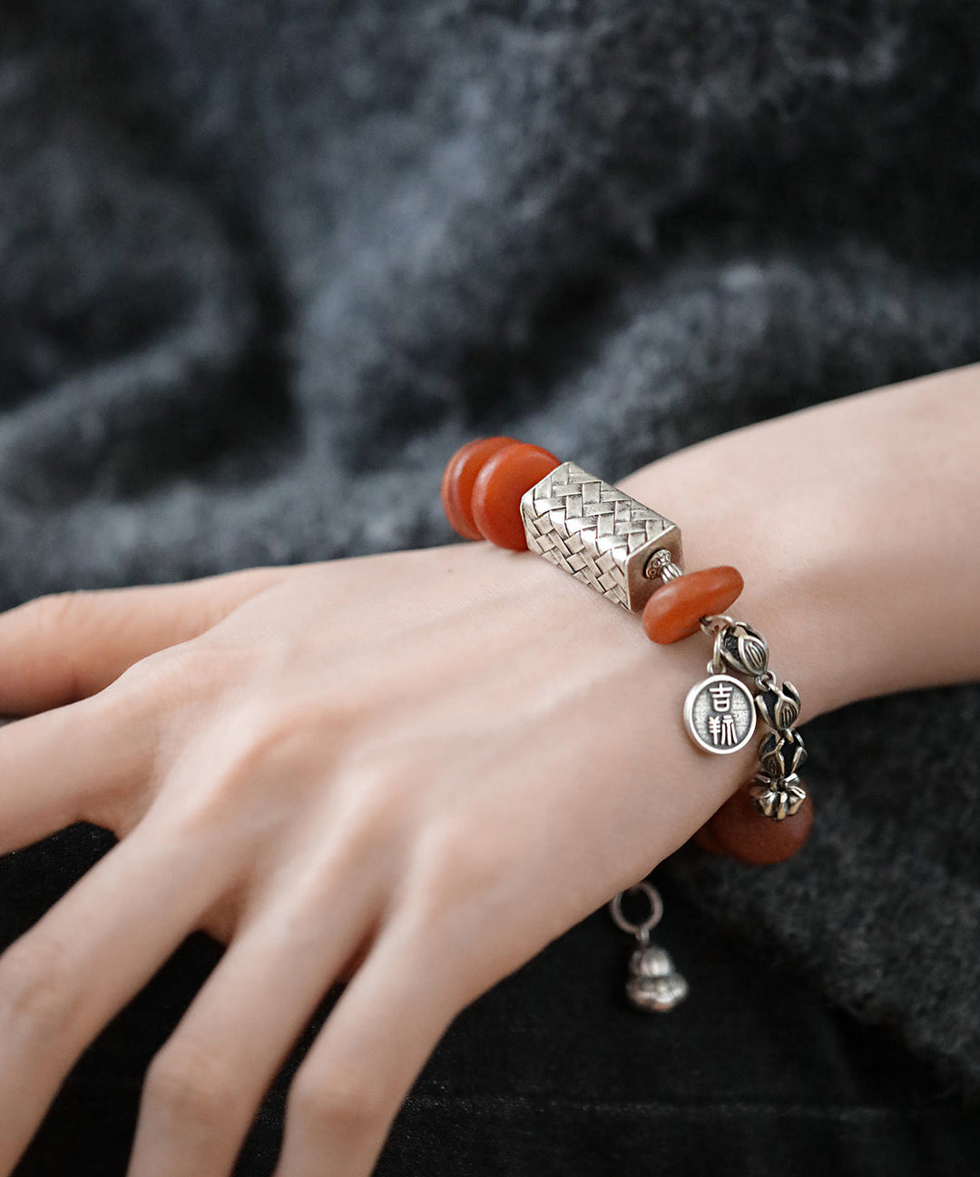 Handmade Red Sterling Silver Beeswax Tassel Charm Bracelet