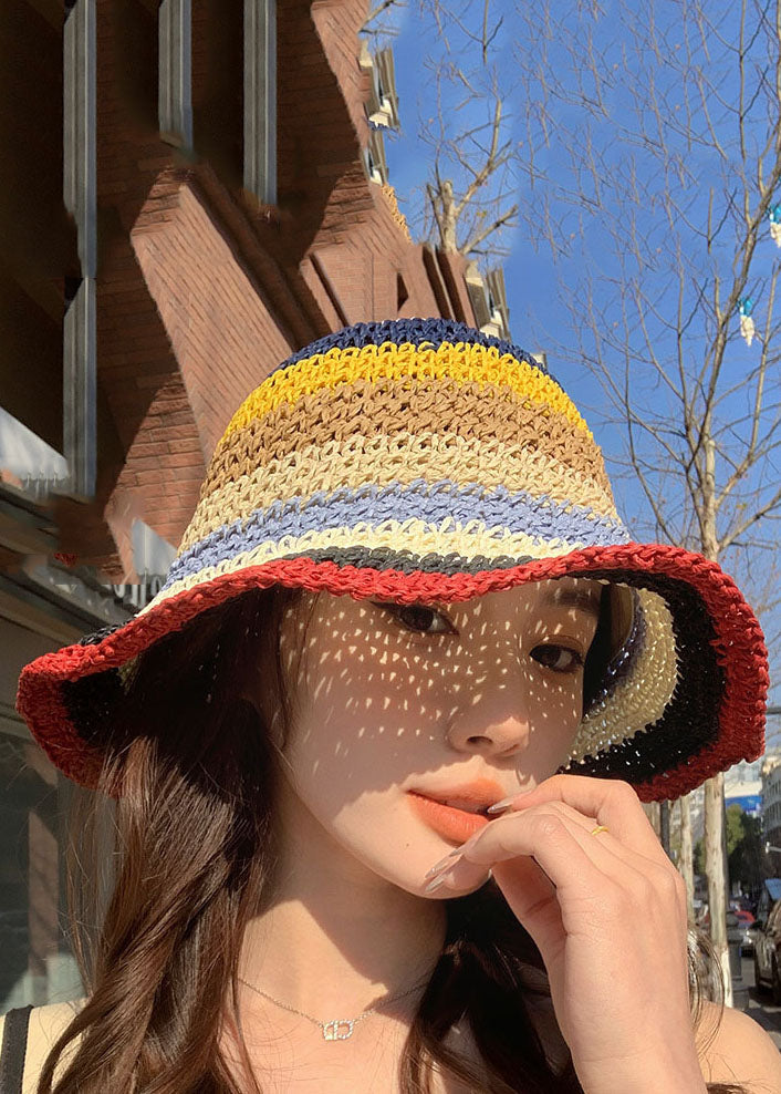 Handmade Red Striped Patchwork Straw Woven Bucket Hat