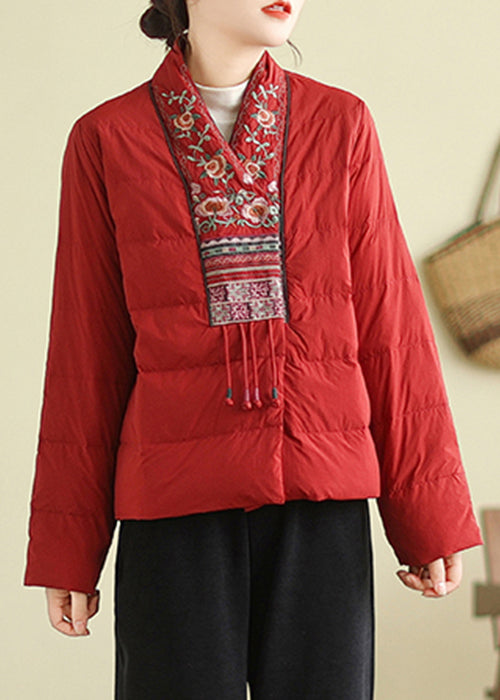 Handmade Red V Neck Embroidered Cotton Filled Parkas Winter