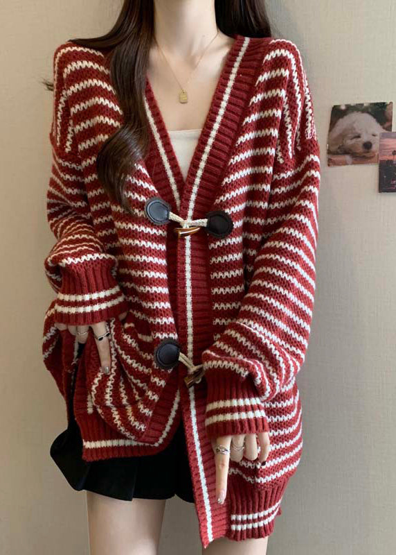 Handmade Red V Neck Striped Knit Cardigan Winter