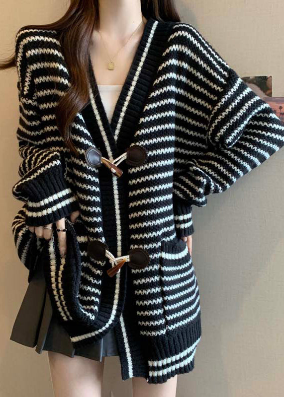 Handmade Red V Neck Striped Knit Cardigan Winter