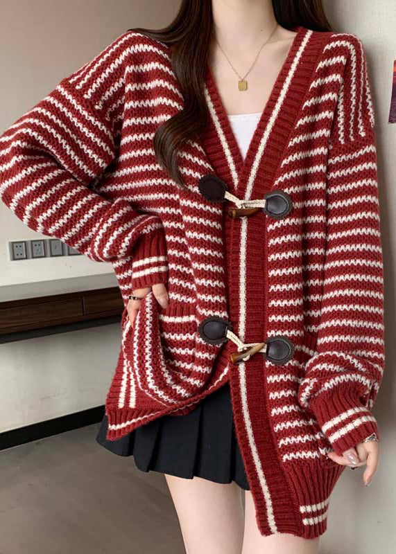 Handmade Red V Neck Striped Knit Cardigan Winter