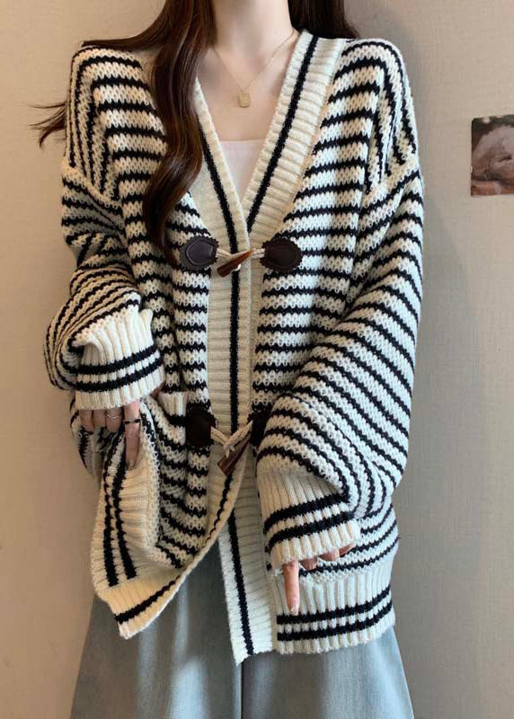 Handmade Red V Neck Striped Knit Cardigan Winter