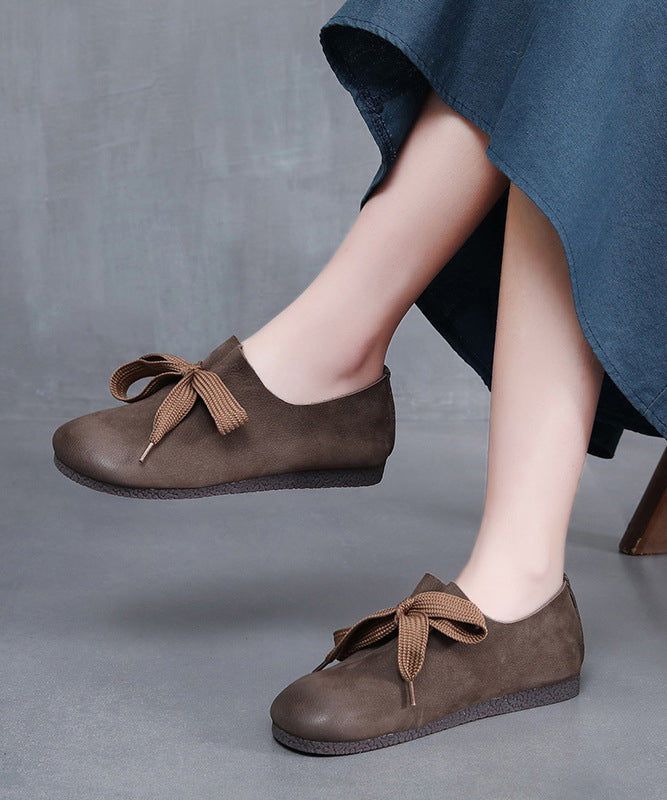 Handmade Retro Coffee Cowhide Leather Flats Shoes