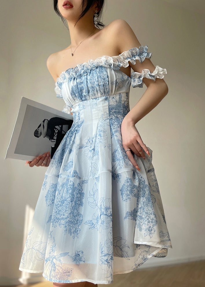 Handmade Sky Blue Ruffled Print Silk Mini Backless Dresses Summer