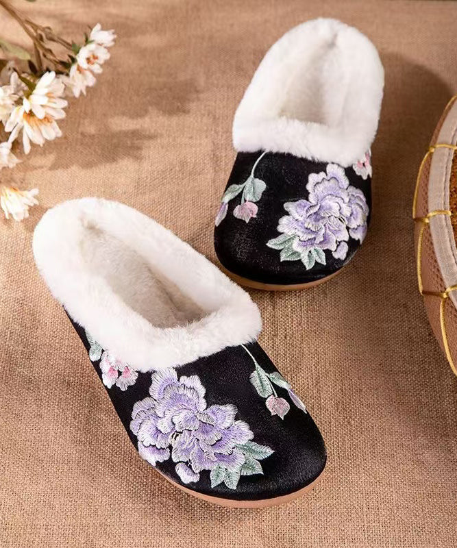 Handmade Vintage Fuzzy Wool Lined Slippers Shoes Black Satin Embroidery