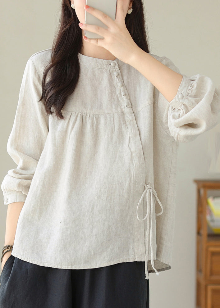 Handmade White Asymmetrical Lace Up Linen Shirts Spring