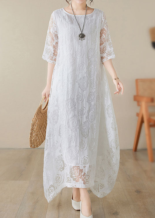 Handmade White O Neck Hollow Out Lace Dress Summer