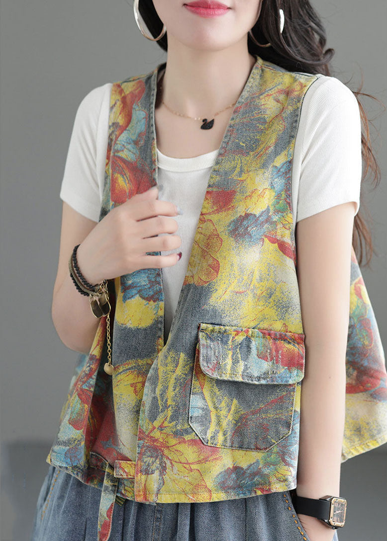 Handmade Yellow Print V Neck Cotton Denim Vest Sleeveless