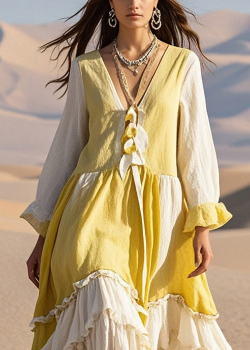 Handmade Yellow Ruffled Patchwork Cotton Long Dress Fall