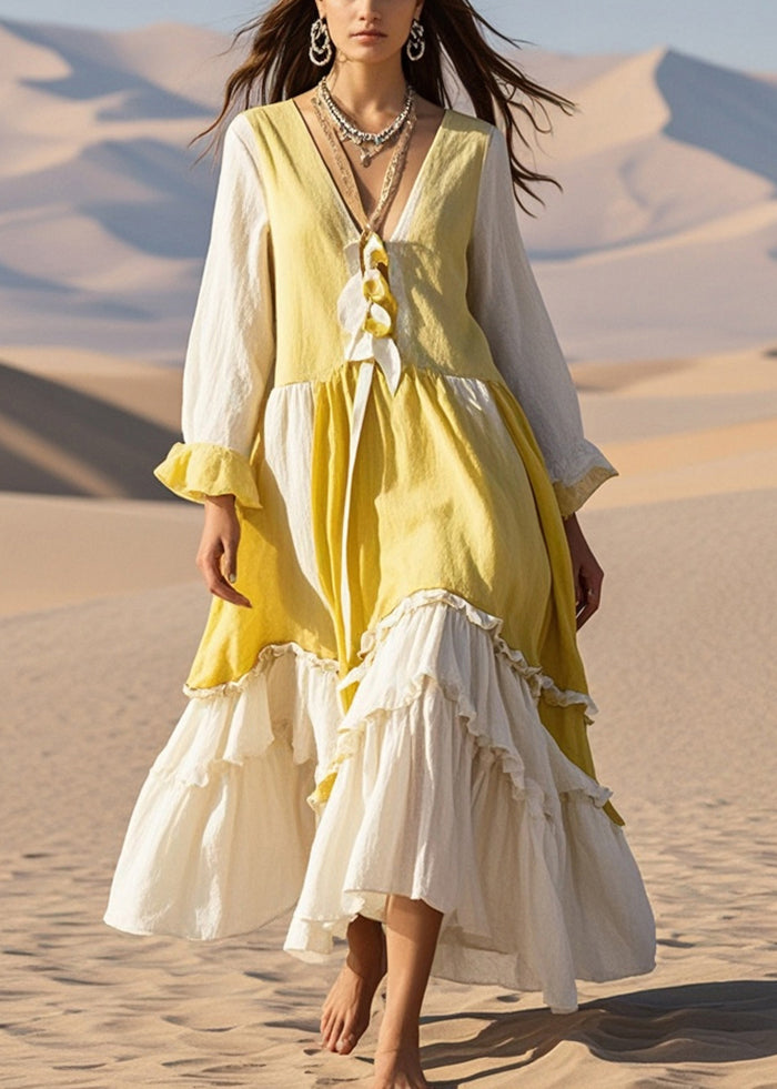 Handmade Yellow Ruffled Patchwork Cotton Long Dress Fall