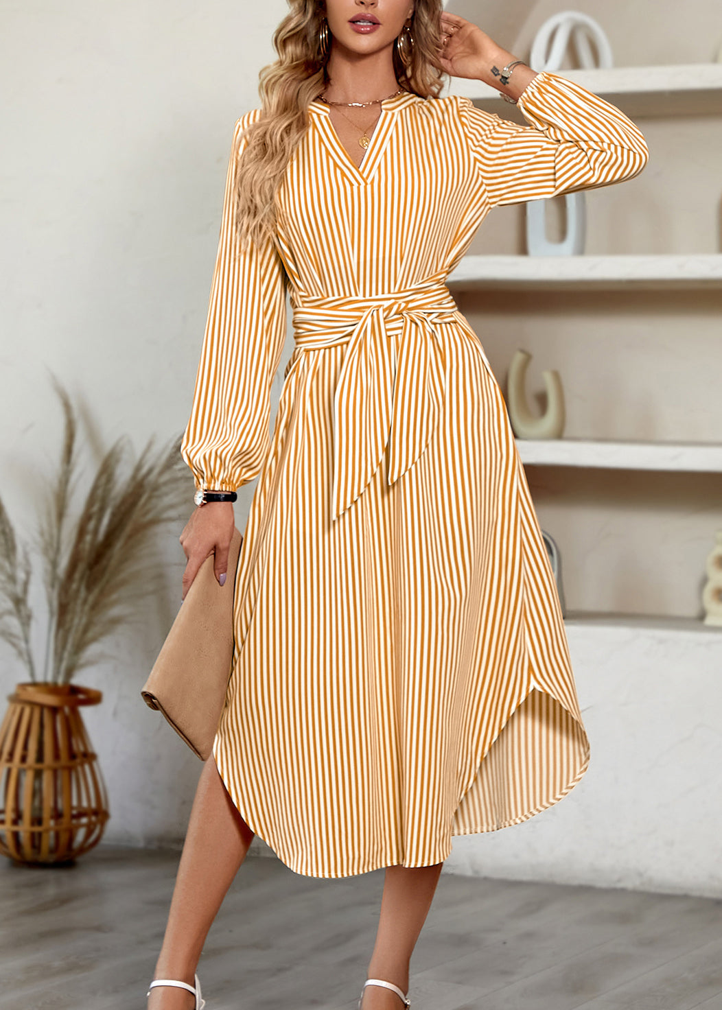 Handmade Yellow V Neck Striped Tie Waist Cotton Dress Fall