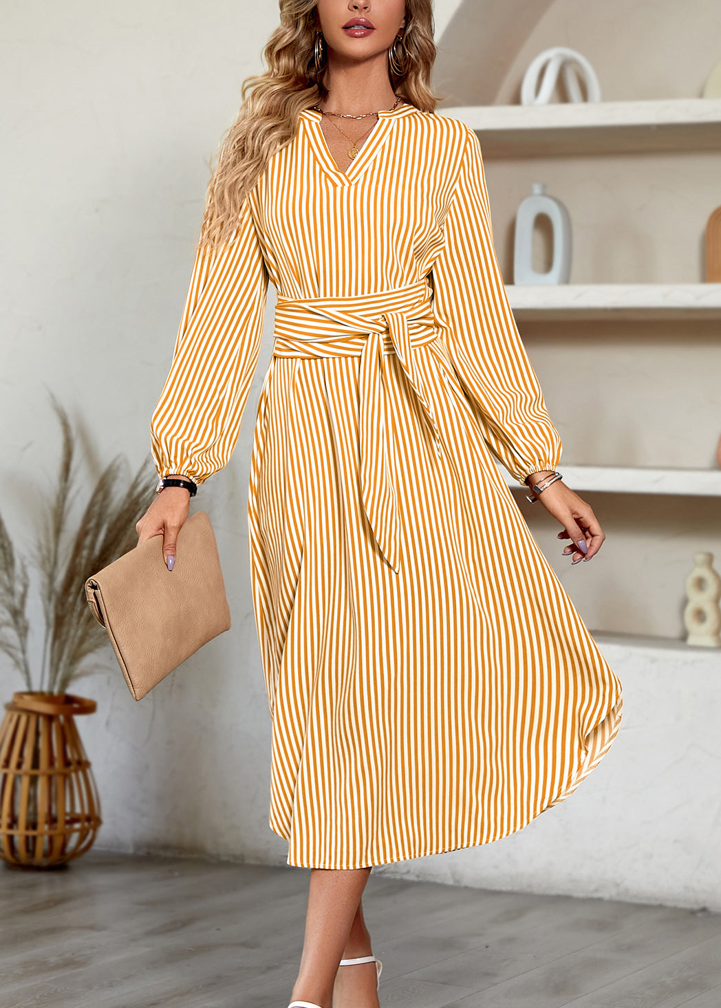 Handmade Yellow V Neck Striped Tie Waist Cotton Dress Fall