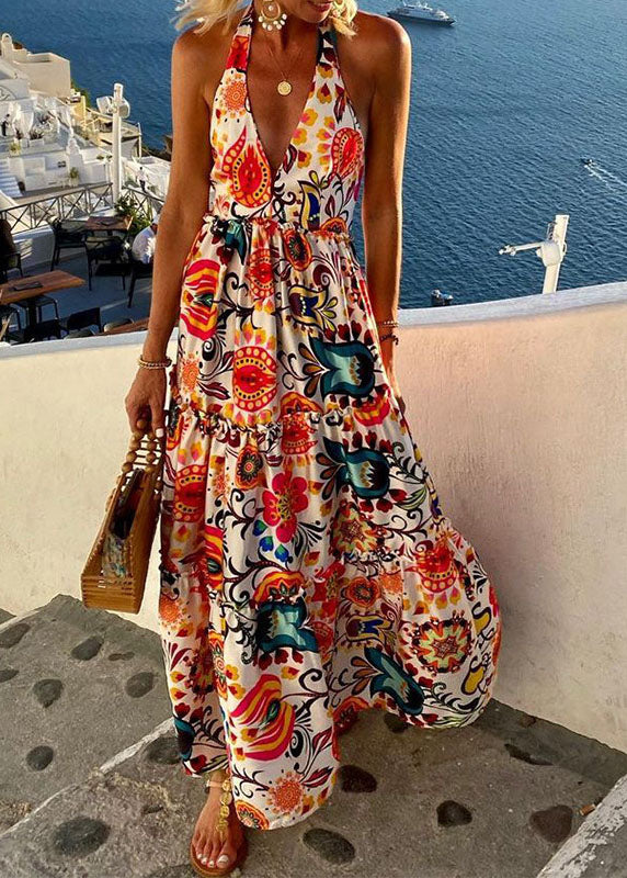 Holiday Style Backless Print Cotton Halter Dress Sleeveless