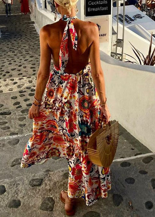 Holiday Style Backless Print Cotton Halter Dress Sleeveless