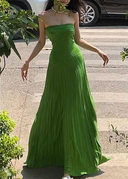 Holiday Style Green Strapless Ice Silk Waist Cinching Dress Summer