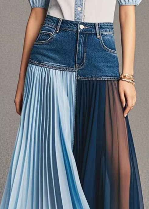 Italian Asymmetrical Patchwork Wrinkled Denim Skirt Fall