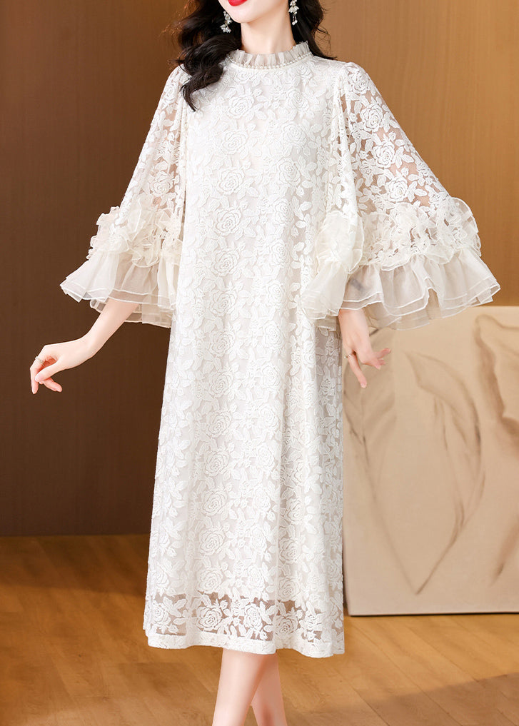 Italian Beige Ruffled Pearl Lace Long Dress Flare Sleeve