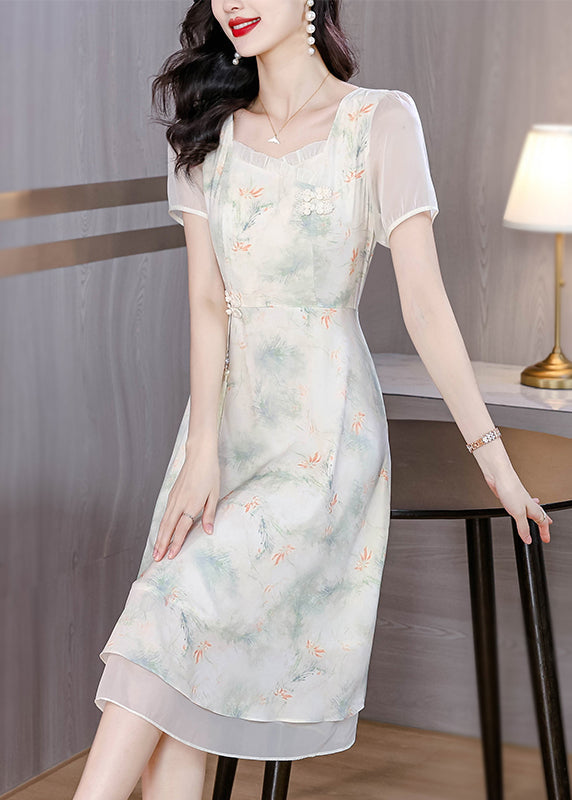 Italian Beige Ruffled Square Collar Print Chiffon Dresses Summer