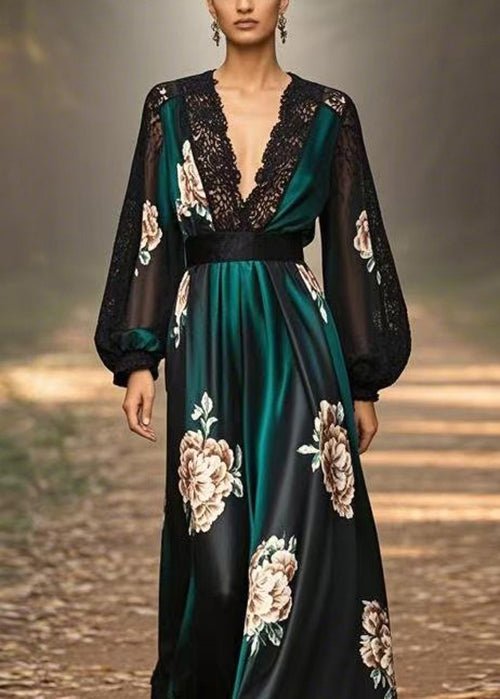 Italian Black Green V Neck Print Lace Patchwork Silk Long Dress Spring