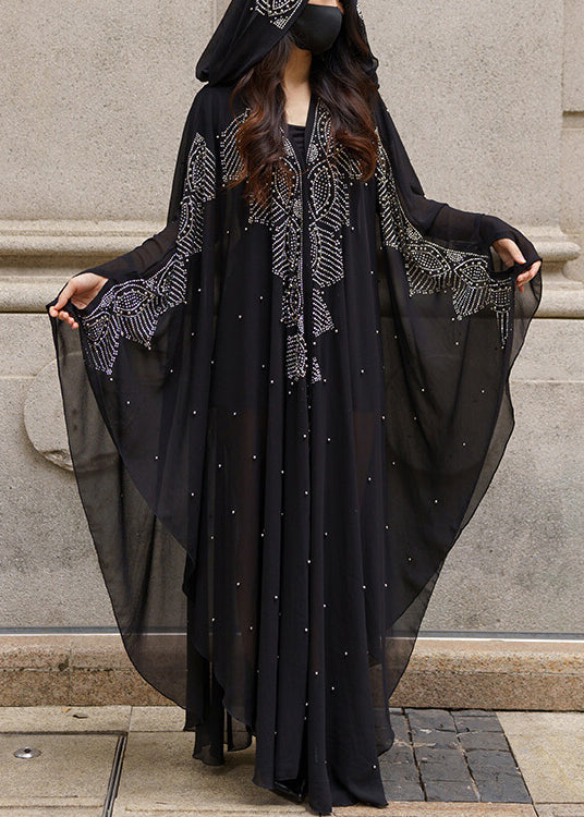 Italian Black Hooded Nail Bead Chiffon Maxi Dresses Spring