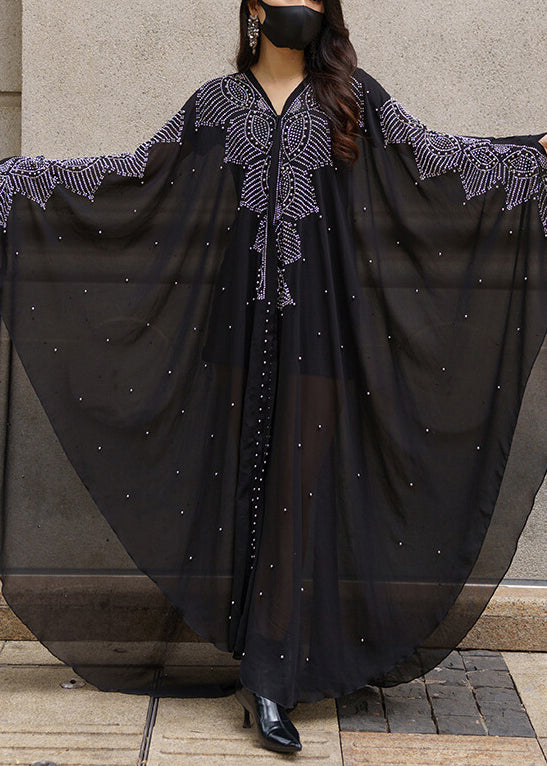 Italian Black Hooded Nail Bead Chiffon Maxi Dresses Spring