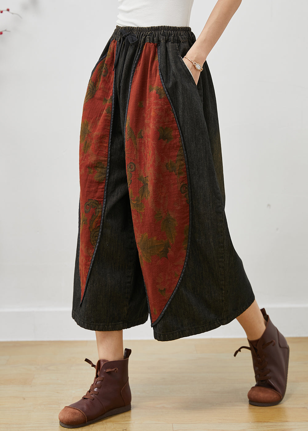 Italian Black Oversized Patchwork Denim Wide Leg Pants Fall