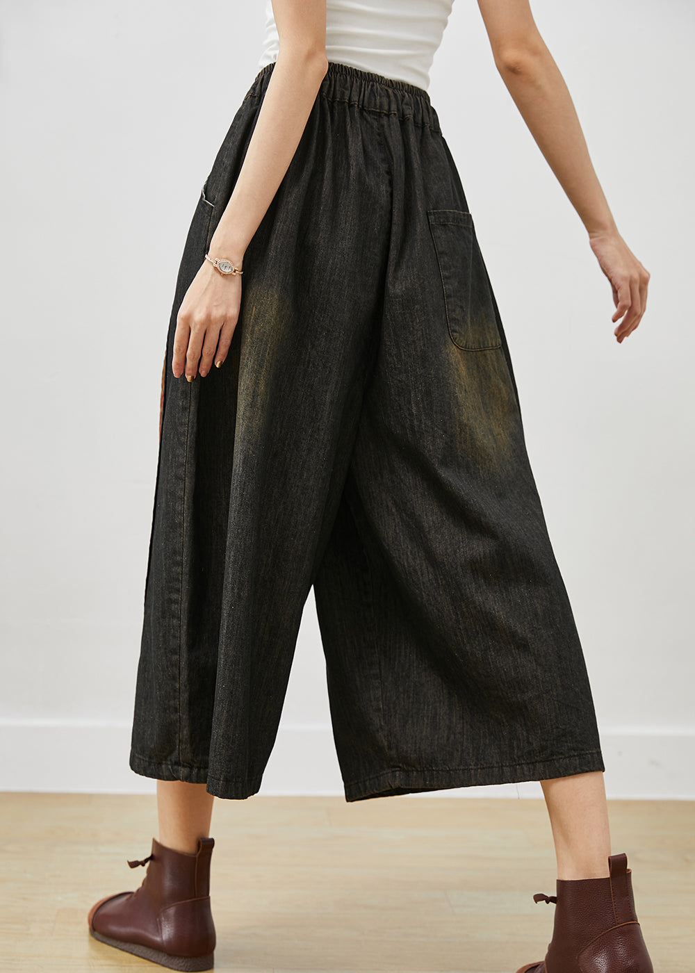 Italian Black Oversized Patchwork Denim Wide Leg Pants Fall