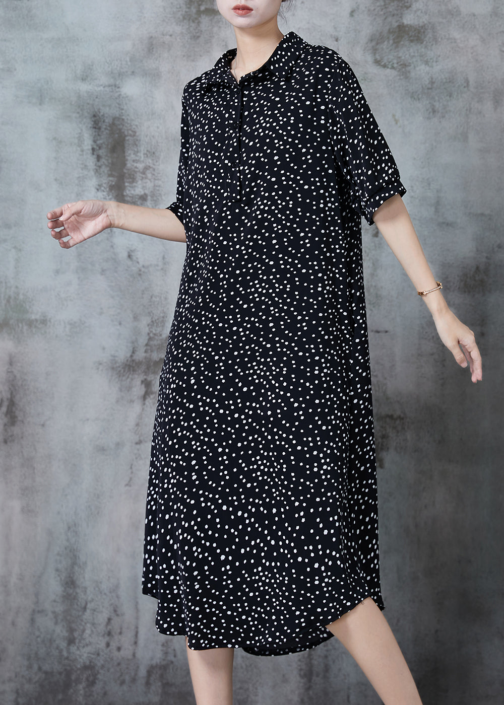 Italian Black Print Draping Chiffon Shirt Dresses Summer