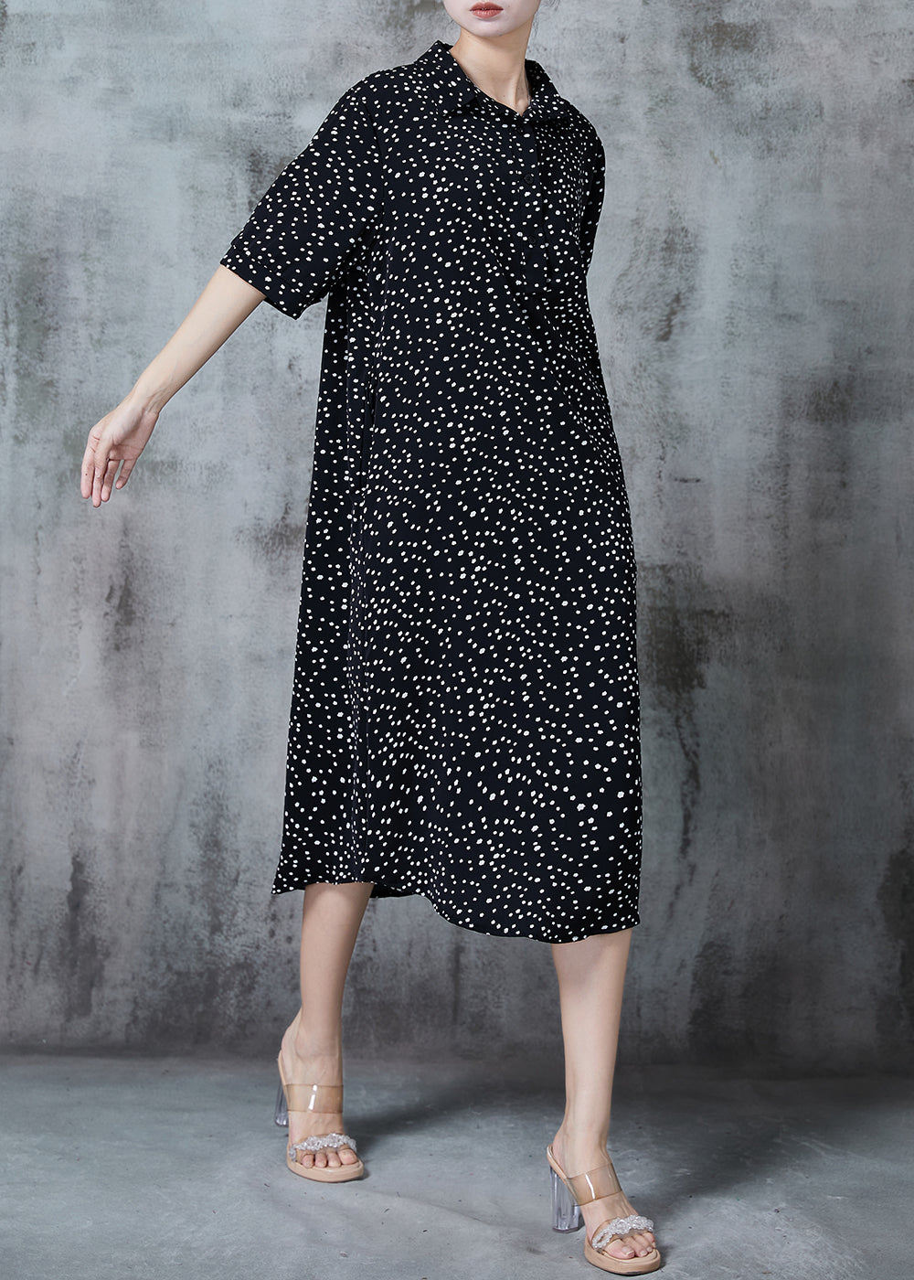 Italian Black Print Draping Chiffon Shirt Dresses Summer