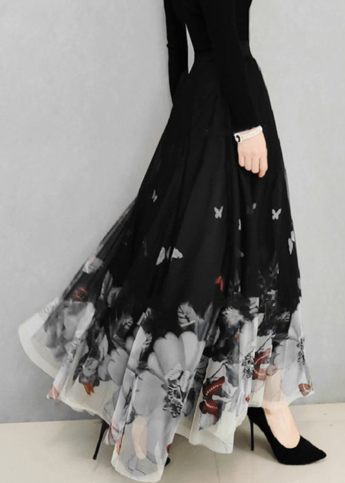 Italian Black Print Elastic Waist Tulle Skirt Spring