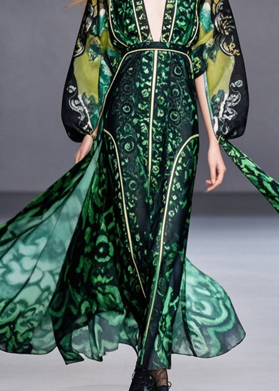 Italian Blackish Green Cinched Print Chiffon Dress Fall