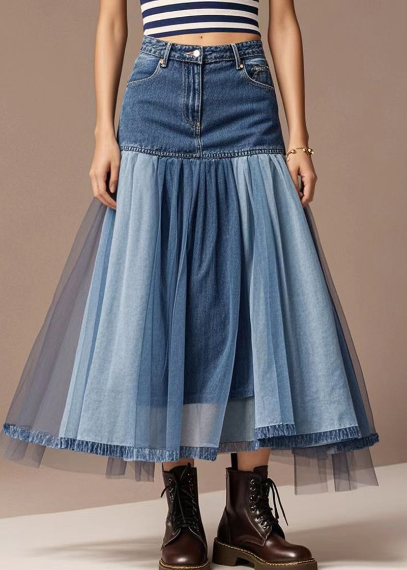 Italian Blue High Waist Patchwork Denim Skirts Fall