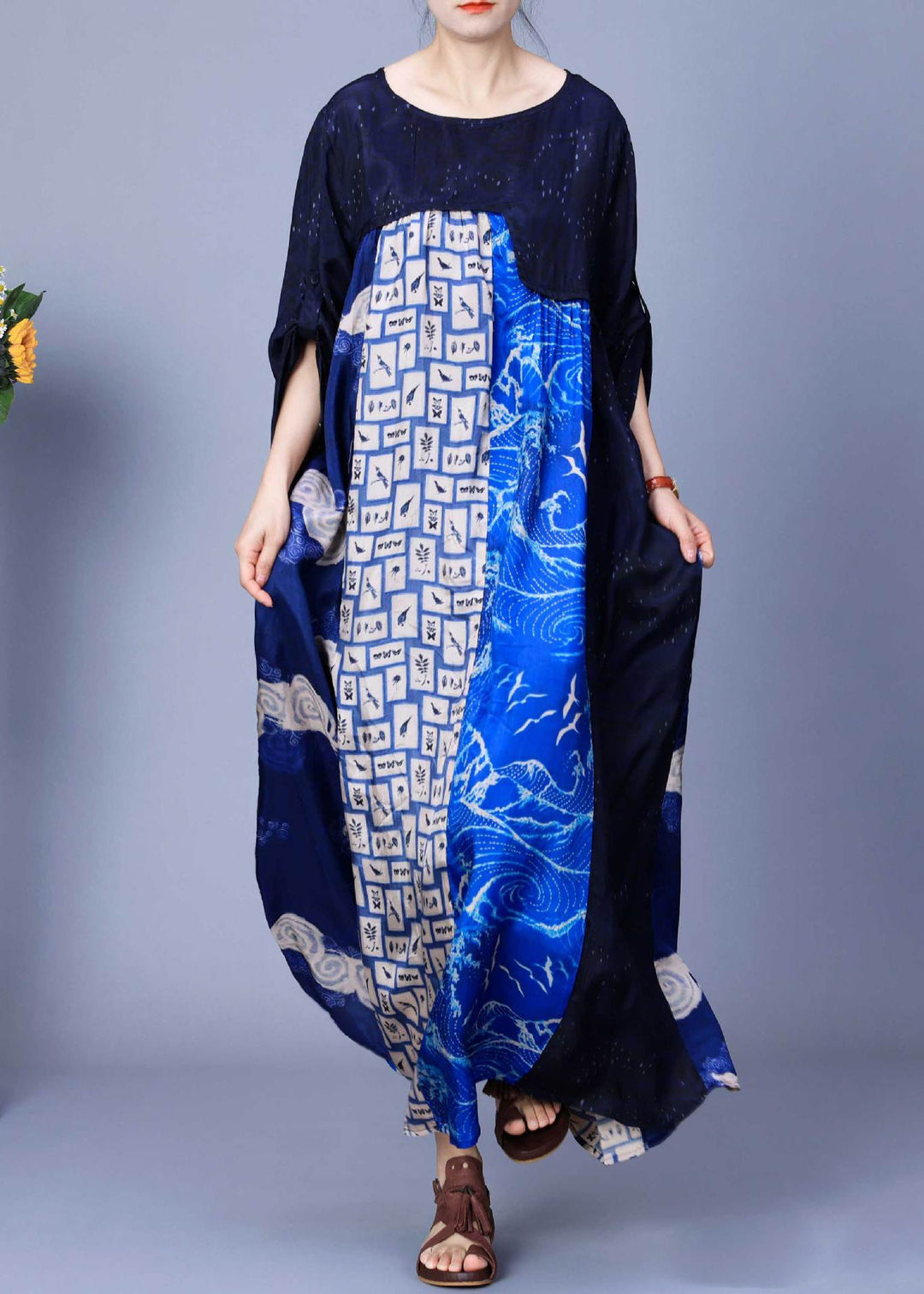 Italian Blue O Neck Print Patchwork Silk Long Dresses Summer