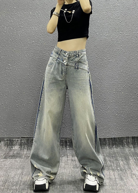 Italian Blue Pockets Patchwork Denim Wide Leg Pants Fall