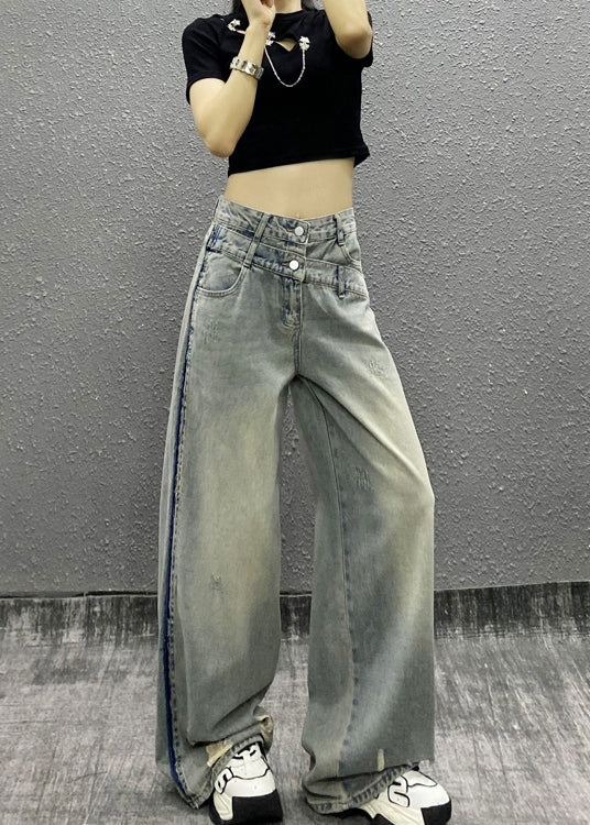 Italian Blue Pockets Patchwork Denim Wide Leg Pants Fall