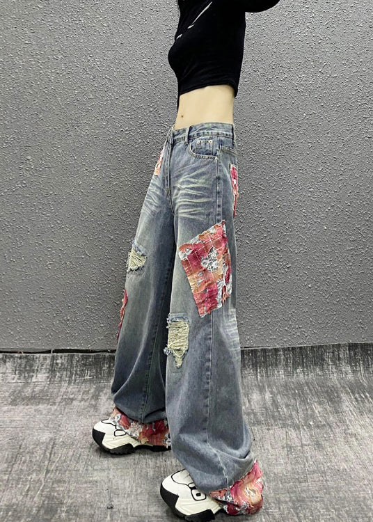 Italian Blue Pockets Patchwork Ripped Denim Wide Leg Pants Fall