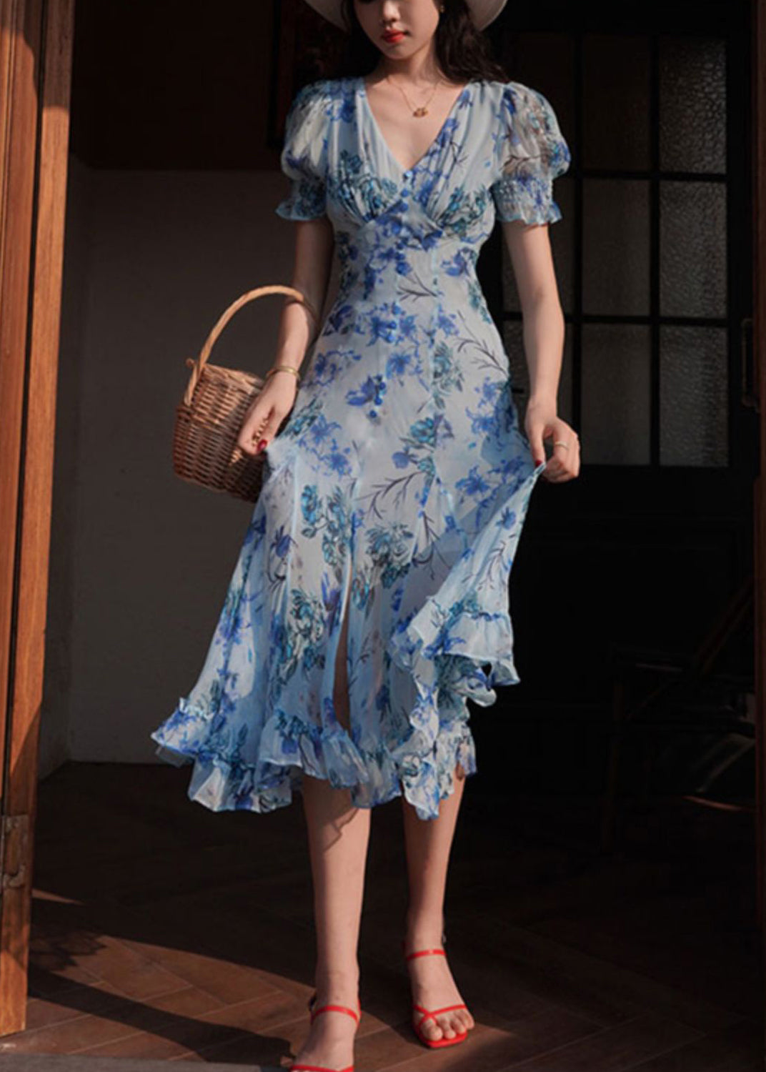 Italian Blue V Neck Ruffled Print Chiffon Long Dresses Summer