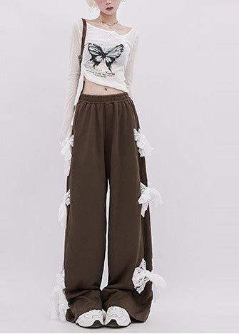 Italian Brown Patchwork Bow Cotton Wide Leg Pants Spring