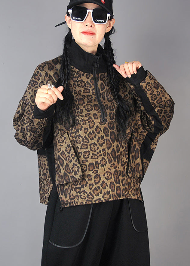 Italian Brown Zip Up Leopard Print Cotton Sweatshirts Spring