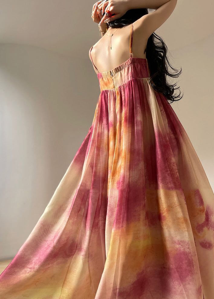 Italian Colorblock Lace Up Wrinkled Silk Spaghetti Strap Dress Sleeveless