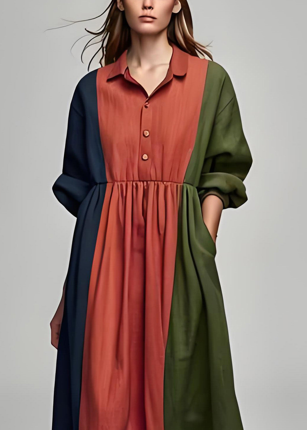 Italian Colorblock Peter Pan Collar Patchwork Cotton Dress Long Sleeve