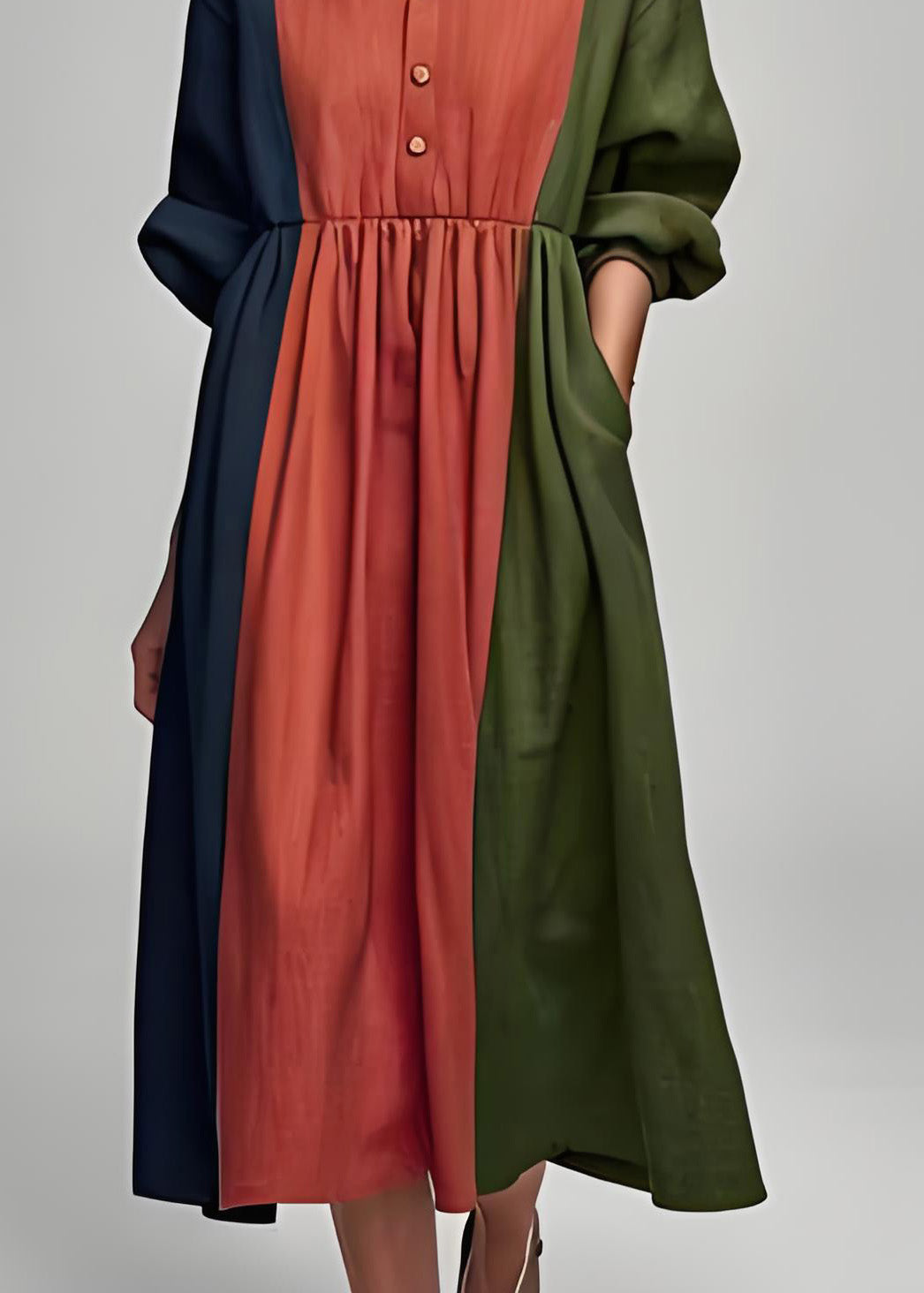 Italian Colorblock Peter Pan Collar Patchwork Cotton Dress Long Sleeve