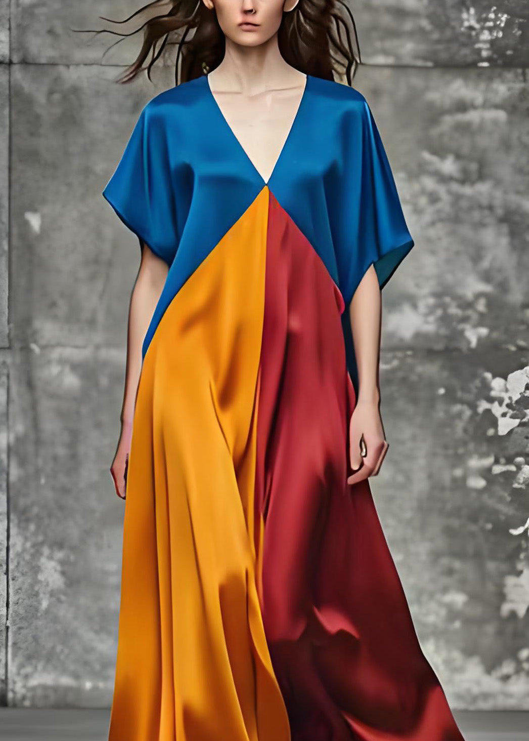 Italian Colorblock V Neck Loose Silk Long Dress Summer